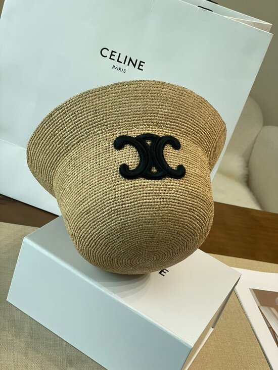 CELINE Triomphe Raffia Bucket Hat Natural Woven Straw Summer Sun Hat